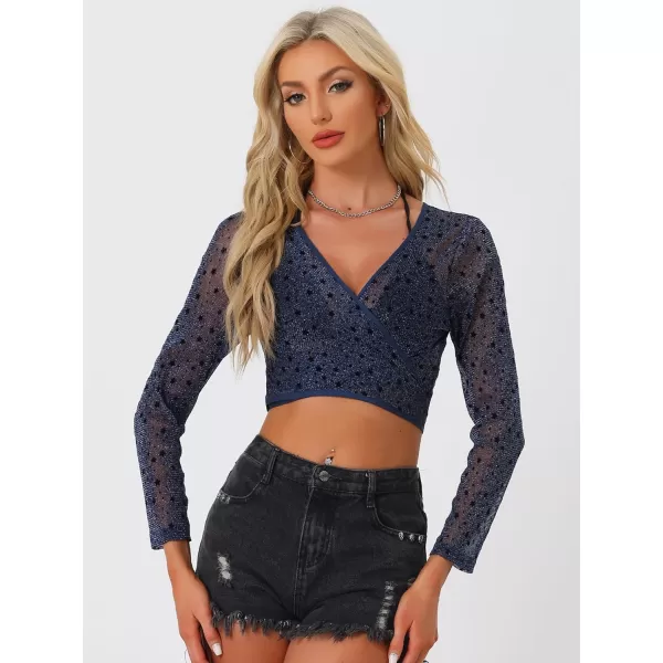 Allegra K Glitter Crop Top for Women's Star Printed Cross V Neck Sheer Blouse