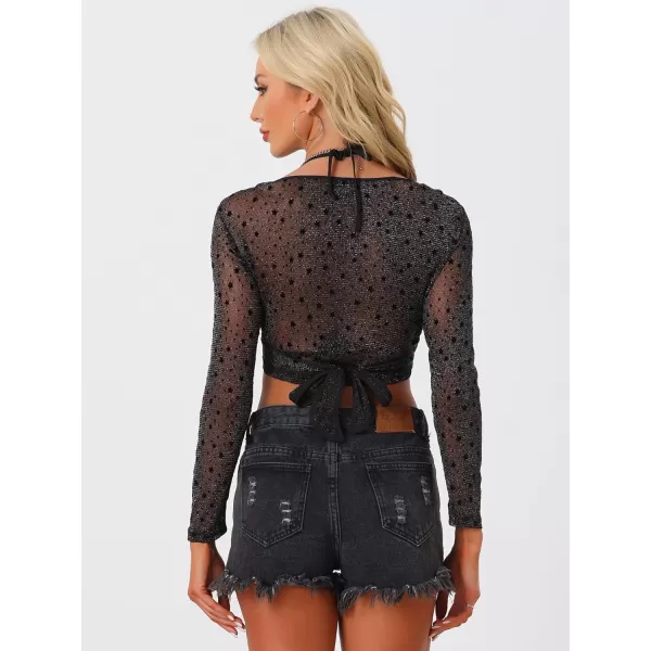 Allegra K Glitter Crop Top for Women's Star Printed Cross V Neck Sheer Blouse