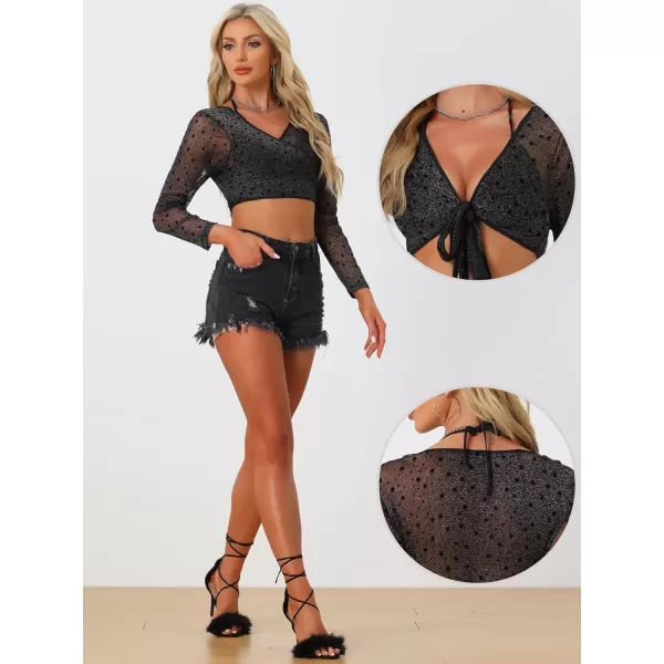 Allegra K Glitter Crop Top for Women's Star Printed Cross V Neck Sheer Blouse