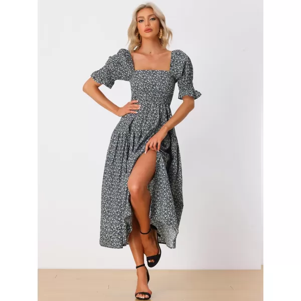 Allegra K Peasant Floral Dress for Women's Square Neck Short Puff Sleeve Smocked Dresses