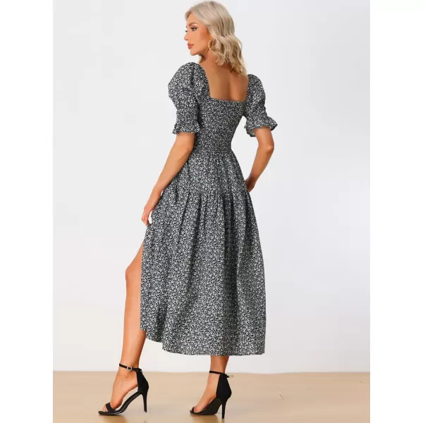 Allegra K Peasant Floral Dress for Women's Square Neck Short Puff Sleeve Smocked Dresses