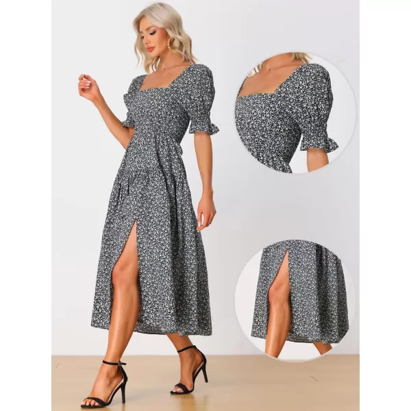 Allegra K Peasant Floral Dress for Women's Square Neck Short Puff Sleeve Smocked Dresses