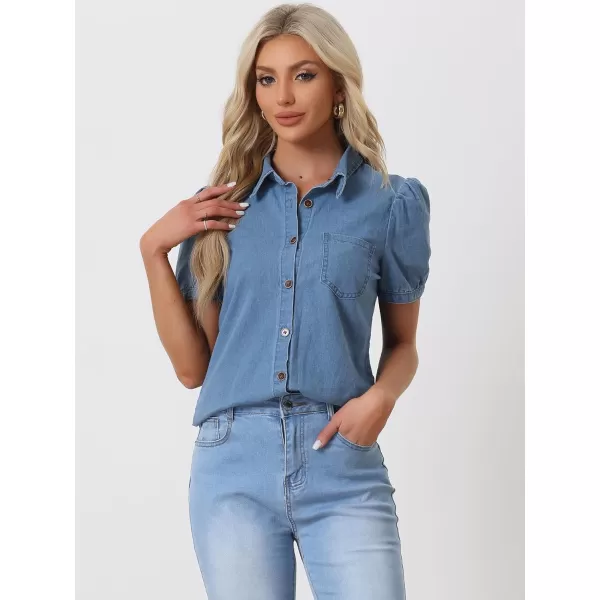 Allegra K Women's Denim Shirt Collared Short Puff Sleeve Chest Pocket Button Up Shirt