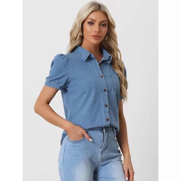 Allegra K Women's Denim Shirt Collared Short Puff Sleeve Chest Pocket Button Up Shirt