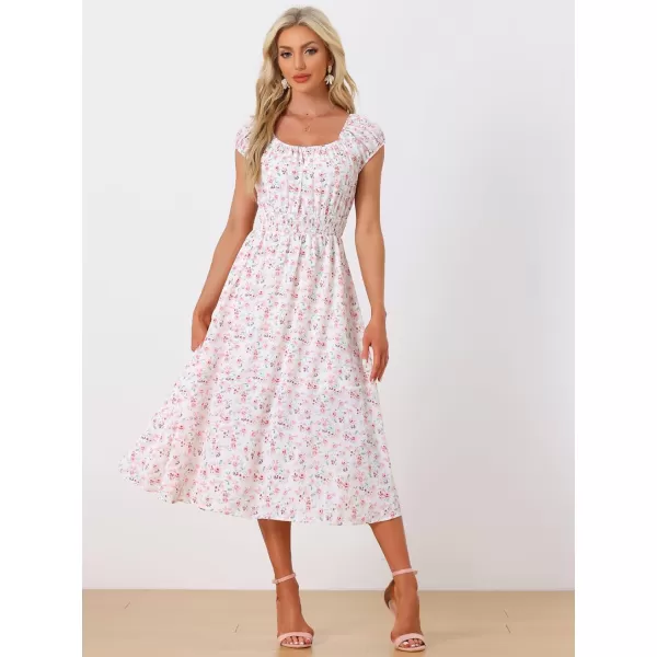 Allegra K Women's Floral Dresses Square Neck Puff Short Sleeves Flare Midi Dress