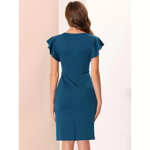 Allegra K Work Office Sheath Dress for Women's Ruffle Sleeve V Neck Ruched Front Elegant Bodycon Dresses