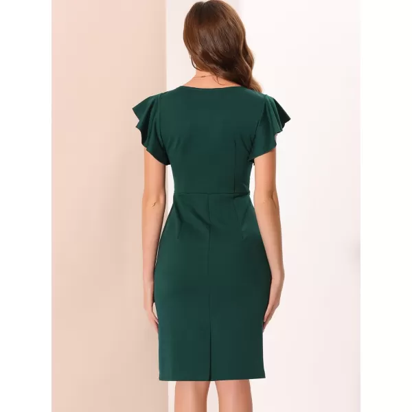 Allegra K Work Office Sheath Dress for Women's Ruffle Sleeve V Neck Ruched Front Elegant Bodycon Dresses