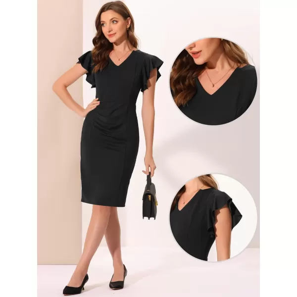 Allegra K Work Office Sheath Dress for Women's Ruffle Sleeve V Neck Ruched Front Elegant Bodycon Dresses