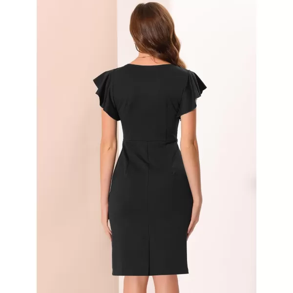 Allegra K Work Office Sheath Dress for Women's Ruffle Sleeve V Neck Ruched Front Elegant Bodycon Dresses