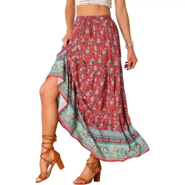 Allegra K Boho Maxi Skirt for Women's 2024 Summer Peasant Floral Printed Elastic Waist A Line Long Skirt