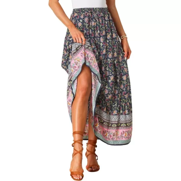 Allegra K Boho Maxi Skirt for Women's 2024 Summer Peasant Floral Printed Elastic Waist A Line Long Skirt