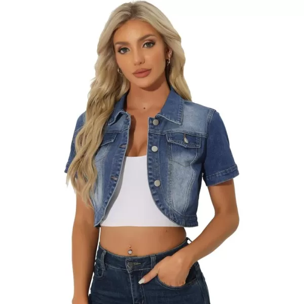 Allegra K Casual Denim Jacket for Women's Turndown Collar Short Sleeves Crop Jean Jackets