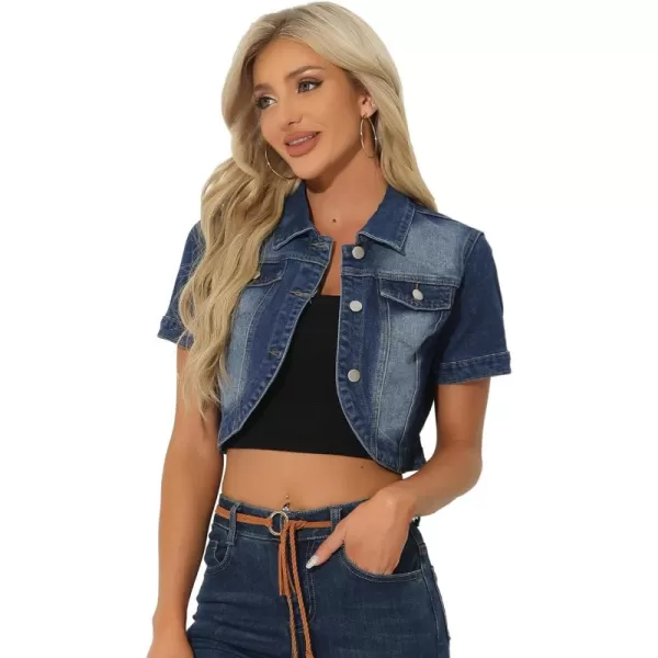 Allegra K Casual Denim Jacket for Women's Turndown Collar Short Sleeves Crop Jean Jackets