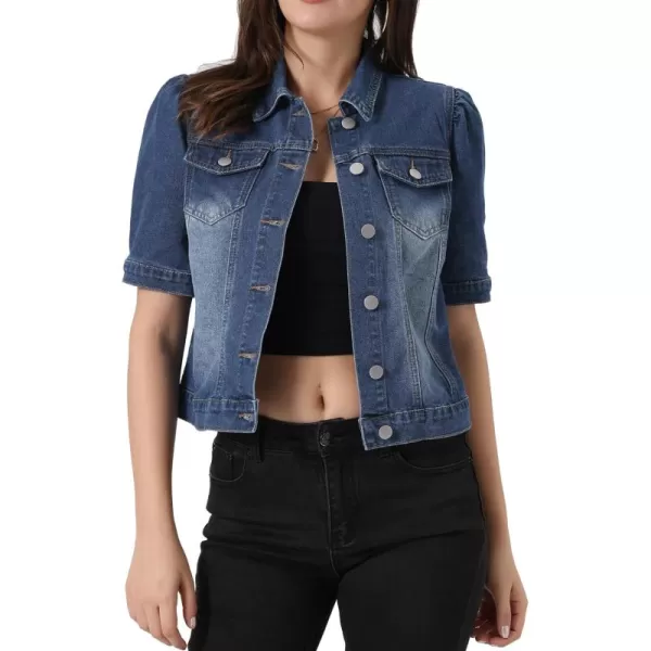 Allegra K Casual Jacket for Women's Short Puff Sleeves Button-Down Jean Denim Jacket