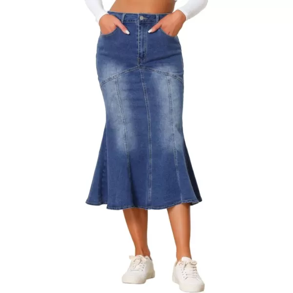 Allegra K Fishtail Denim Skirt for Women's Washed Midi Jean Bodycon Skirt