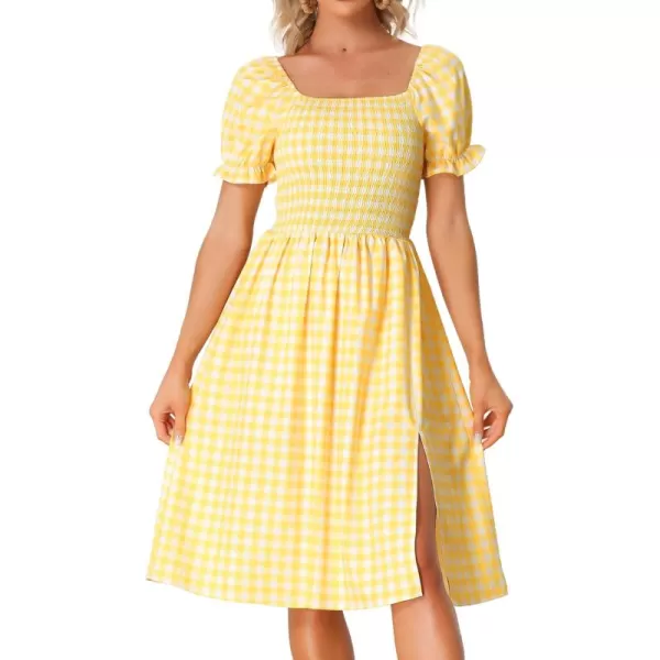 Allegra K Gingham Smocked Dress for Women's Square Neck Side Slit Casual Plaid Dresses