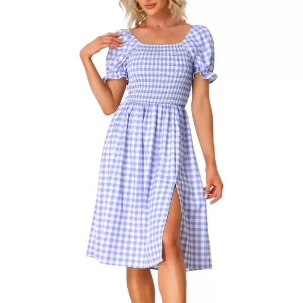 Allegra K Gingham Smocked Dress for Women's Square Neck Side Slit Casual Plaid Dresses