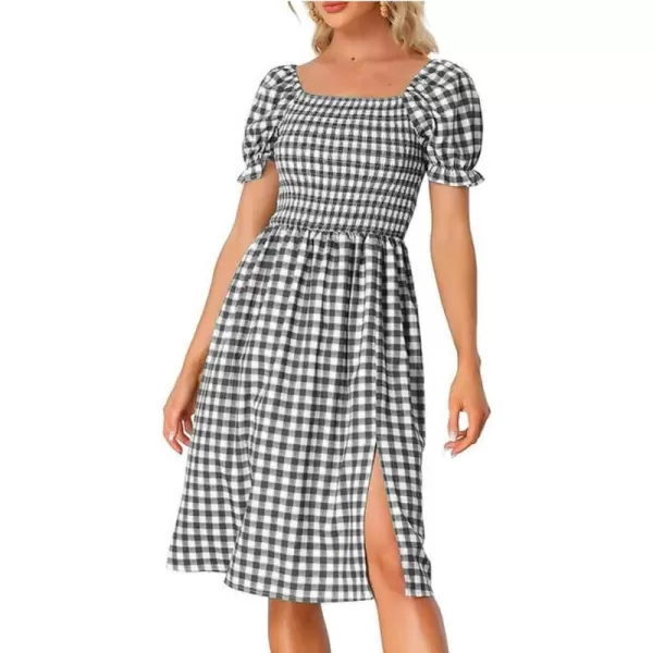 Allegra K Gingham Smocked Dress for Women's Square Neck Side Slit Casual Plaid Dresses