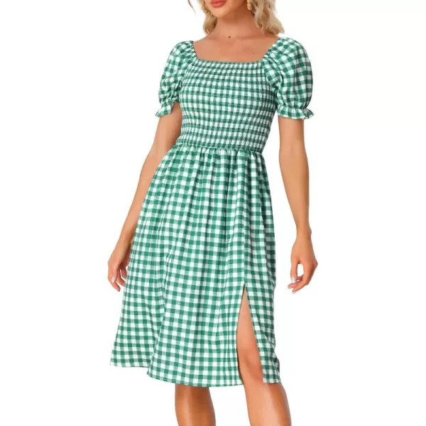 Allegra K Gingham Smocked Dress for Women's Square Neck Side Slit Casual Plaid Dresses