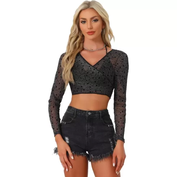 Allegra K Glitter Crop Top for Women's Star Printed Cross V Neck Sheer Blouse