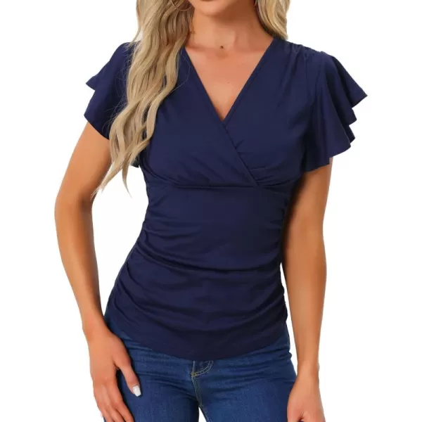 Allegra K Ruched Top for Women's 2024 Casual V Neck Cinched Waist Ruffle Sleeve Surplice Wrap Blouse Tops