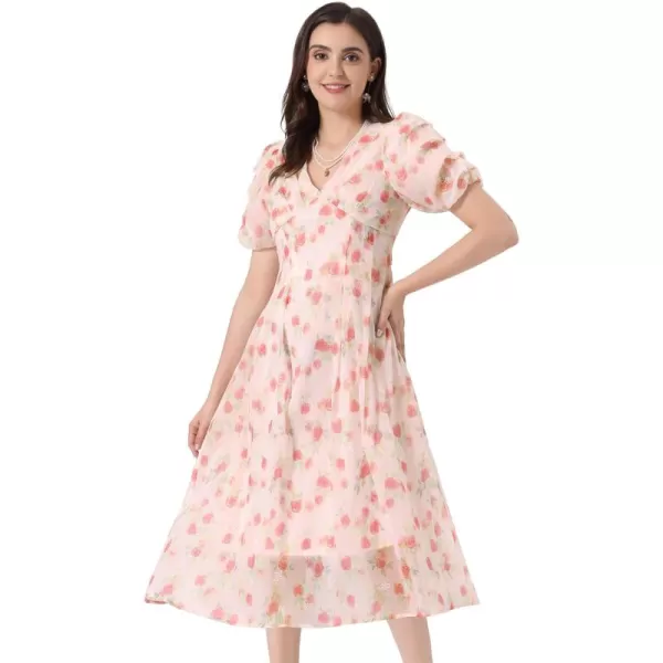 Allegra K Summer Organza Dress for Women's Puff Short Sleeve Summer Cinched Waist Floral Print Dresses