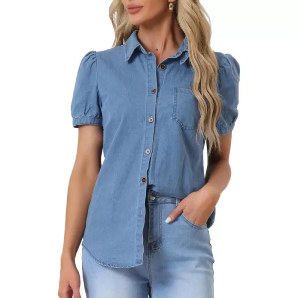 Allegra K Women's Denim Shirt Collared Short Puff Sleeve Chest Pocket Button Up Shirt