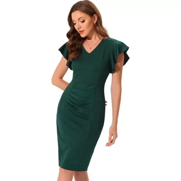 Allegra K Work Office Sheath Dress for Women's Ruffle Sleeve V Neck Ruched Front Elegant Bodycon Dresses