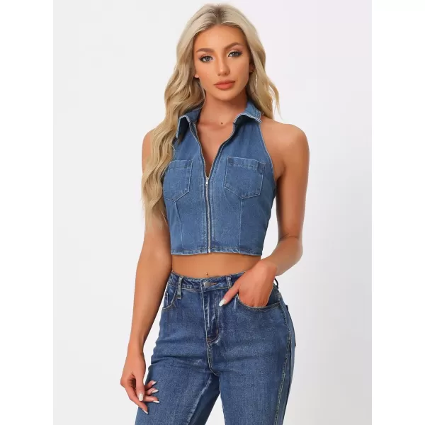 Allegra K Halter Denim Top for Women's Zipper Up Collared Sleeveless Jean Corset