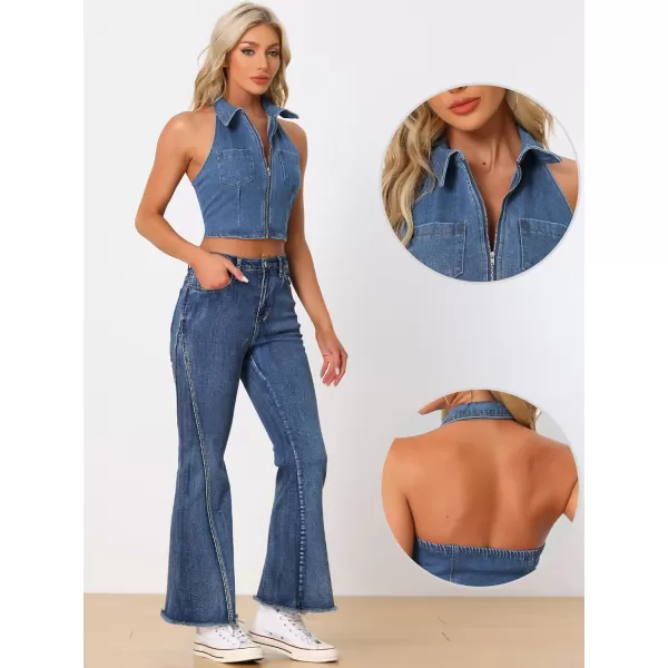 Allegra K Halter Denim Top for Women's Zipper Up Collared Sleeveless Jean Corset