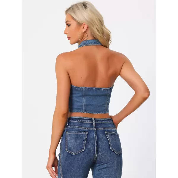 Allegra K Halter Denim Top for Women's Zipper Up Collared Sleeveless Jean Corset