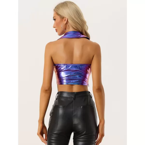 Allegra K Metallic Crop Top for Women's 2023 Halloween Shiny Club Party Halter Rave Sparkle Chrome Holographic Tops