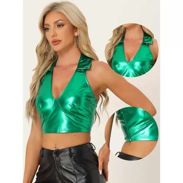 Allegra K Metallic Crop Top for Women's 2023 Halloween Shiny Club Party Halter Rave Sparkle Chrome Holographic Tops