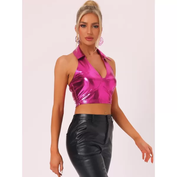 Allegra K Metallic Crop Top for Women's 2023 Halloween Shiny Club Party Halter Rave Sparkle Chrome Holographic Tops