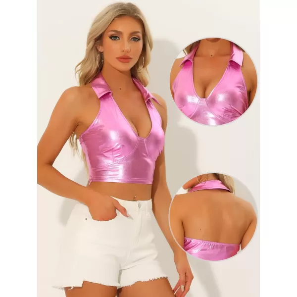 Allegra K Metallic Crop Top for Women's 2023 Halloween Shiny Club Party Halter Rave Sparkle Chrome Holographic Tops