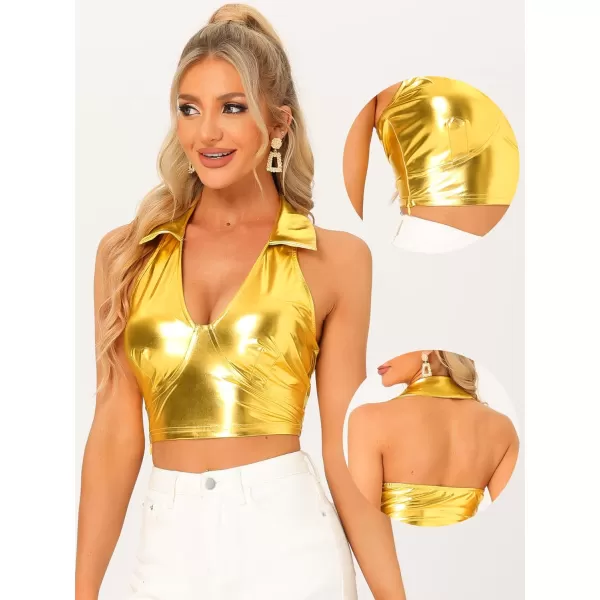 Allegra K Metallic Crop Top for Women's 2023 Halloween Shiny Club Party Halter Rave Sparkle Chrome Holographic Tops