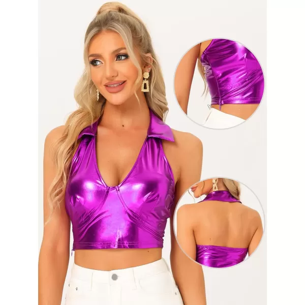 Allegra K Metallic Crop Top for Women's 2023 Halloween Shiny Club Party Halter Rave Sparkle Chrome Holographic Tops