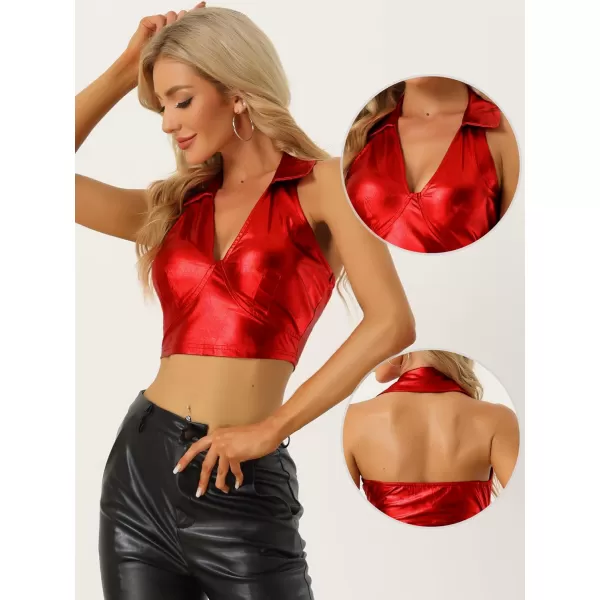 Allegra K Metallic Crop Top for Women's 2023 Halloween Shiny Club Party Halter Rave Sparkle Chrome Holographic Tops