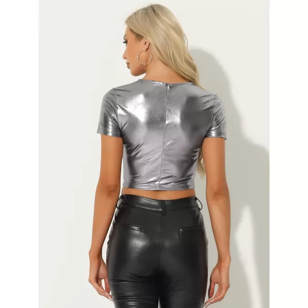 Allegra K Metallic Crop Tops for Women's Keyhole Short Sleeve Halloween Party Shiny Holographic Top