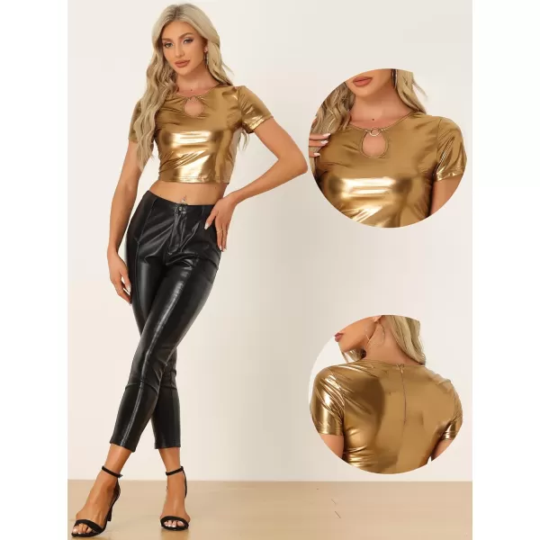 Allegra K Metallic Crop Tops for Women's Keyhole Short Sleeve Halloween Party Shiny Holographic Top