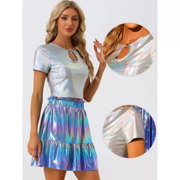 Allegra K Metallic Crop Tops for Women's Keyhole Short Sleeve Halloween Party Shiny Holographic Top