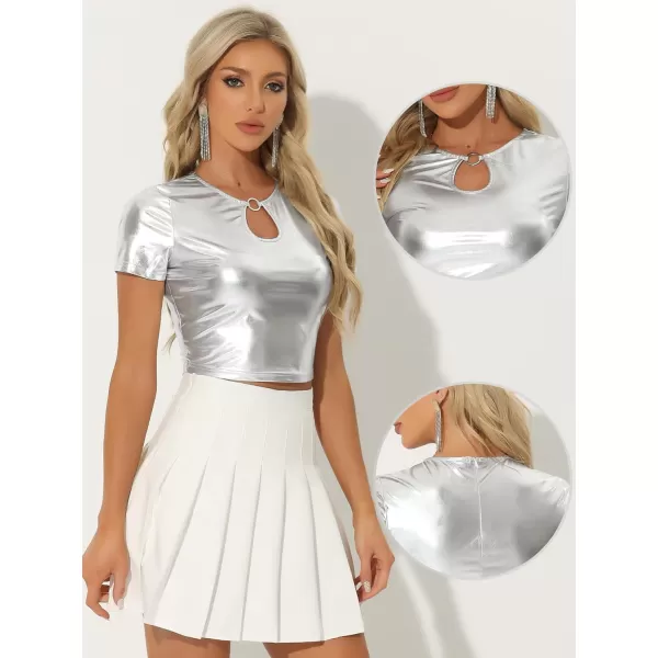 Allegra K Metallic Crop Tops for Women's Keyhole Short Sleeve Halloween Party Shiny Holographic Top