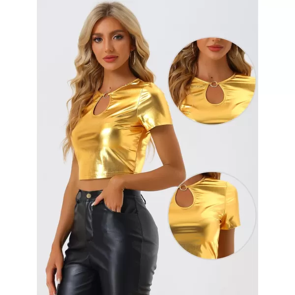 Allegra K Metallic Crop Tops for Women's Keyhole Short Sleeve Halloween Party Shiny Holographic Top