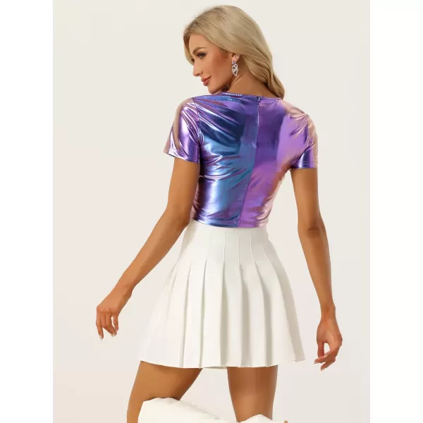 Allegra K Metallic Crop Tops for Women's Keyhole Short Sleeve Halloween Party Shiny Holographic Top