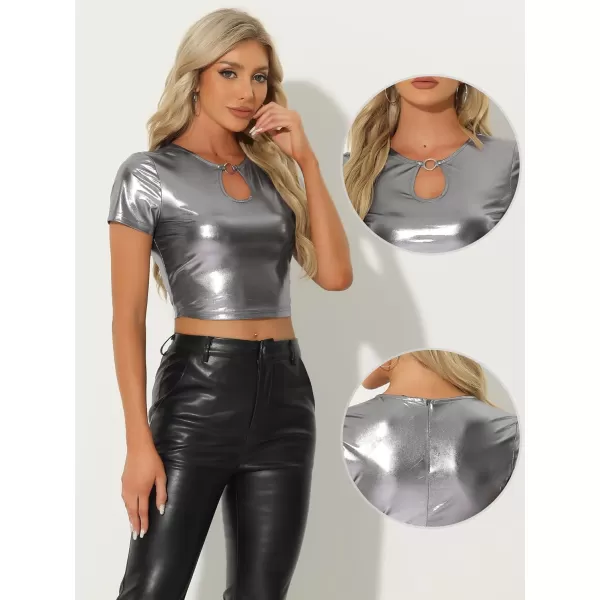 Allegra K Metallic Crop Tops for Women's Keyhole Short Sleeve Halloween Party Shiny Holographic Top