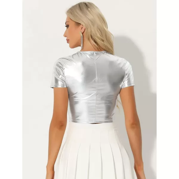 Allegra K Metallic Crop Tops for Women's Keyhole Short Sleeve Halloween Party Shiny Holographic Top