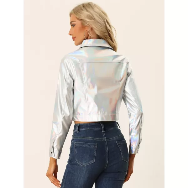 Allegra K Metallic Jacket for Women's Moto Biker Jacket Holographic Shiny Crop Party Jackets