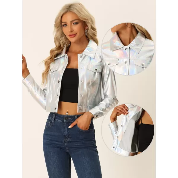 Allegra K Metallic Jacket for Women's Moto Biker Jacket Holographic Shiny Crop Party Jackets