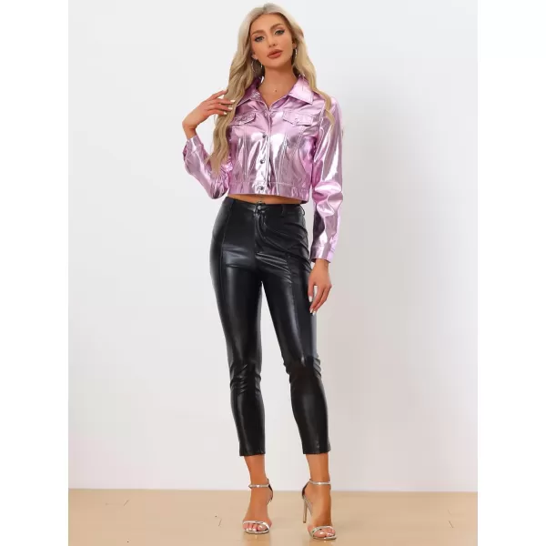 Allegra K Metallic Jacket for Women's Moto Biker Jacket Holographic Shiny Crop Party Jackets