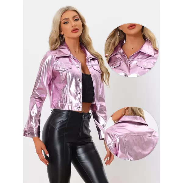 Allegra K Metallic Jacket for Women's Moto Biker Jacket Holographic Shiny Crop Party Jackets